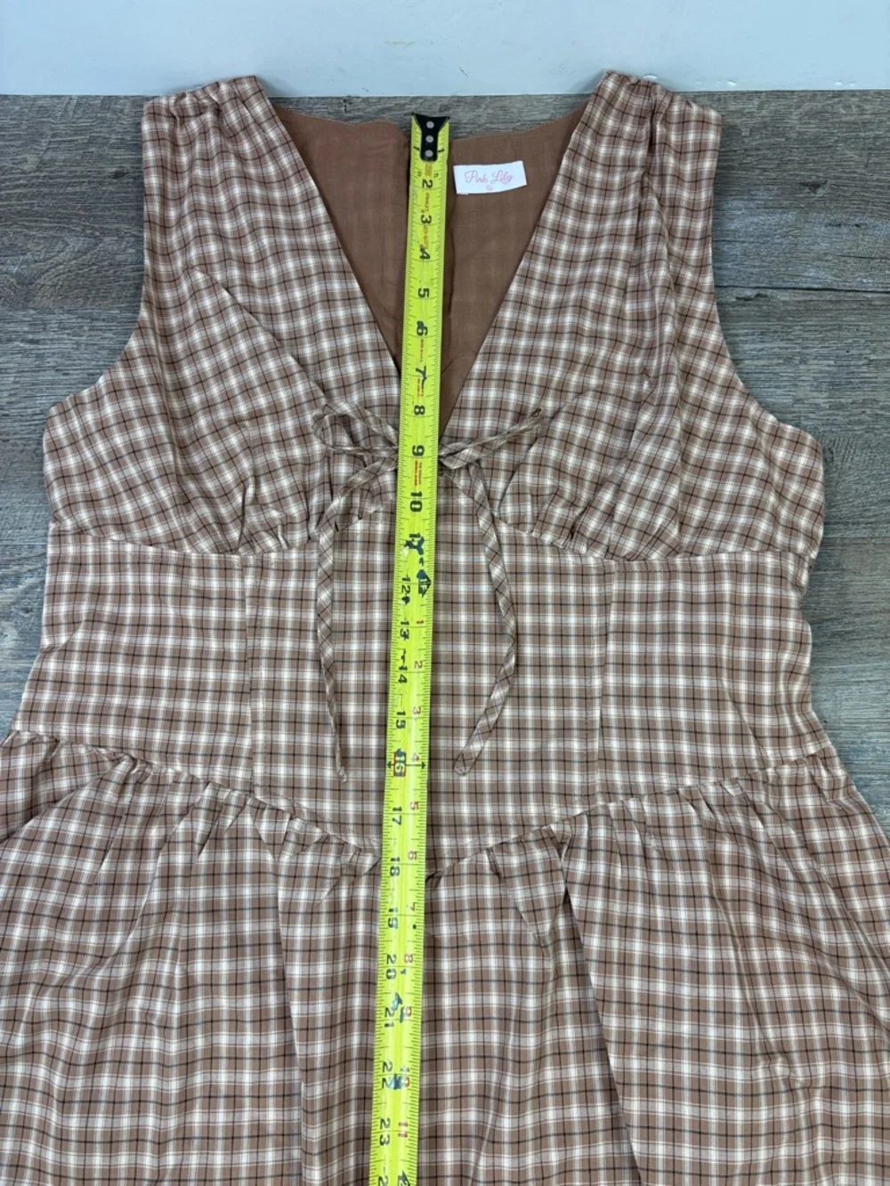 Pink Lily Brown Plaid Cotton Mini Dress Tie Front Cottagecore XL - Picture 10 of 11